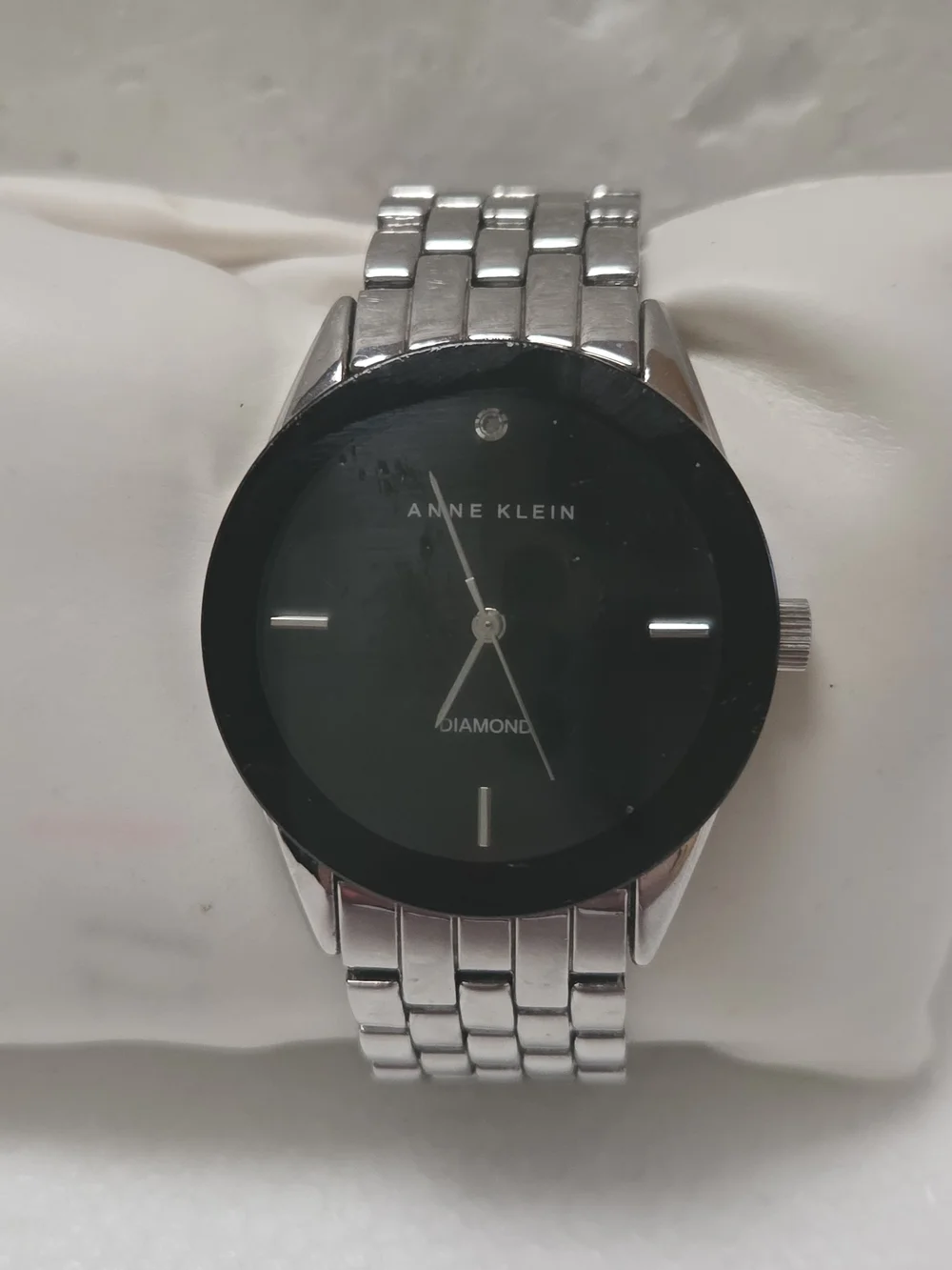Anne Klein Silver Bracelet Watch with Black Dial And Diamond Accent